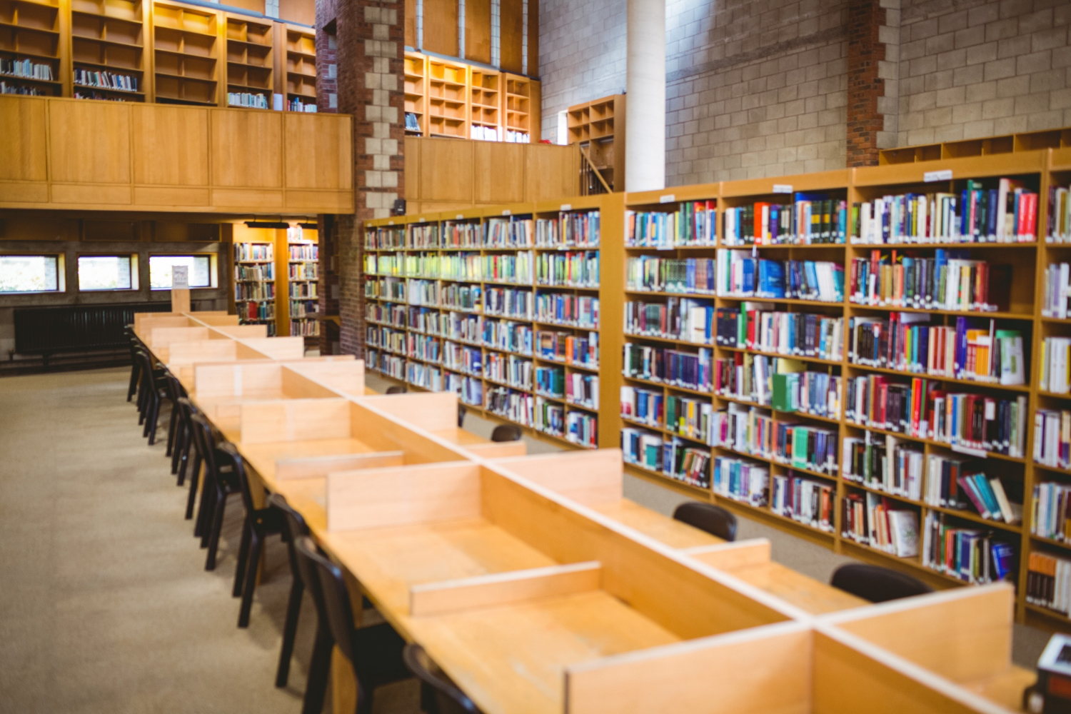 Biblioteca con spazi di studio e scaffali